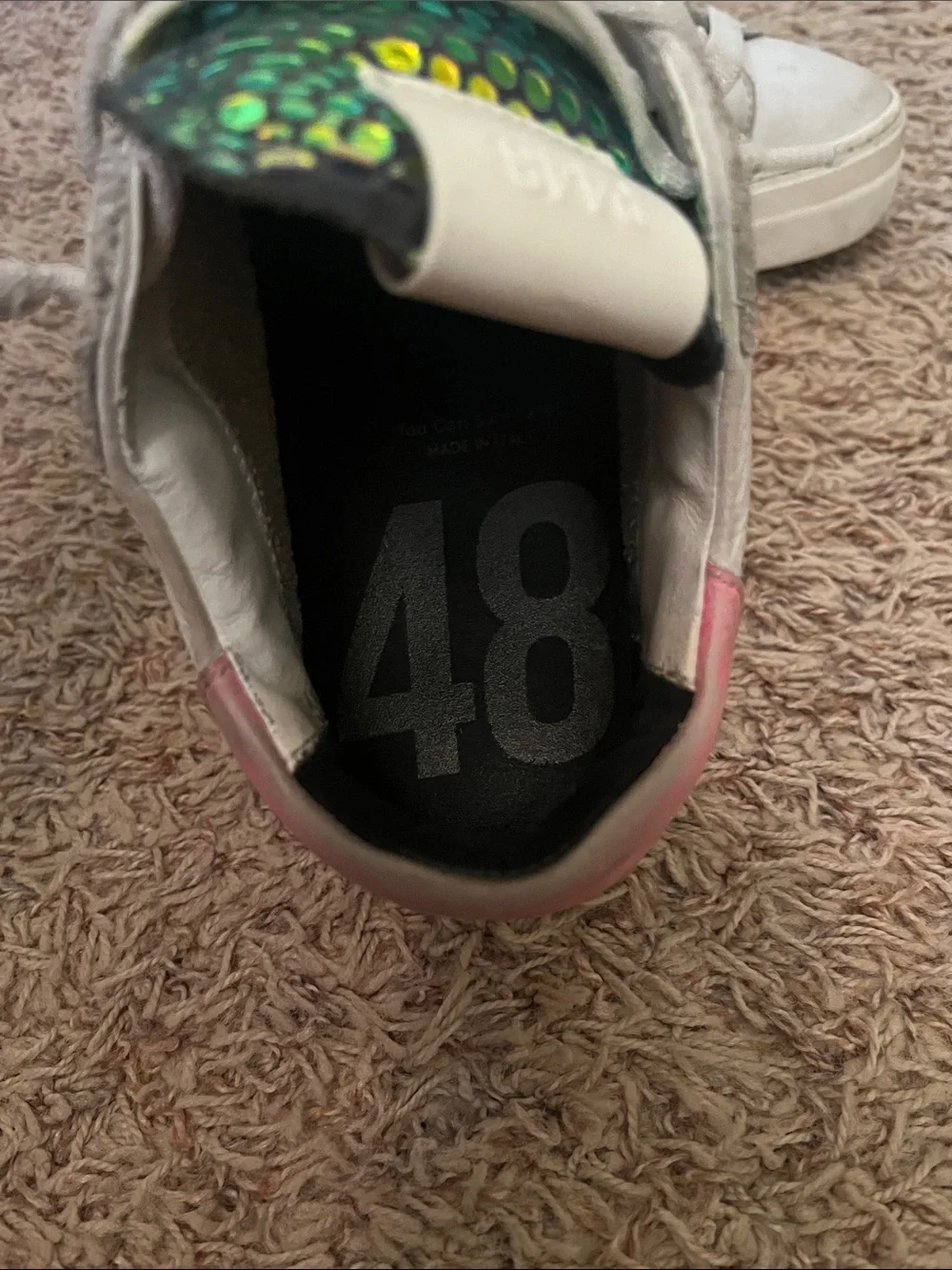 P448 White Leather Sneakers with Iridescent Green-Gold Tongue